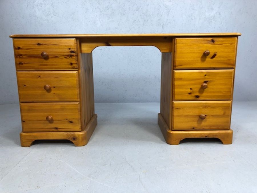 Pine dressing table or desk with three drawers either side, with stool - Image 4 of 6