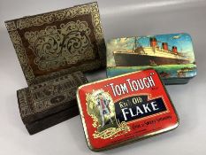 Two vintage tins: 'Tom Tough' tobacco and 'Queen Mary', along with two wooden boxes, one with