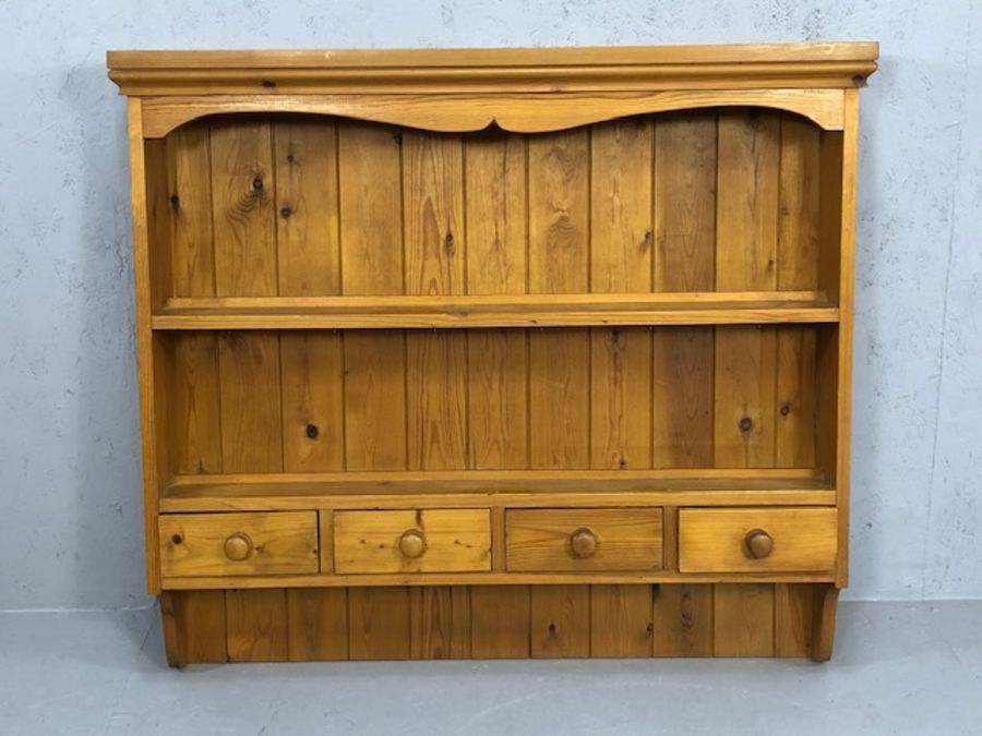 Pine kitchen wall unit with drawers and hooks for pots and pans, approx 97cm x 16cm x 89cm tall