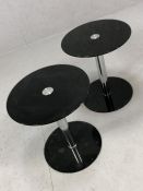 Pair of modern black glass and chrome circular tables, diameter approx 40cm x 45cm tall