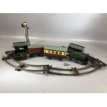 Vintage Tin Plate clockwork train set comprising small amount track Locomotive, Wagon, signal etc