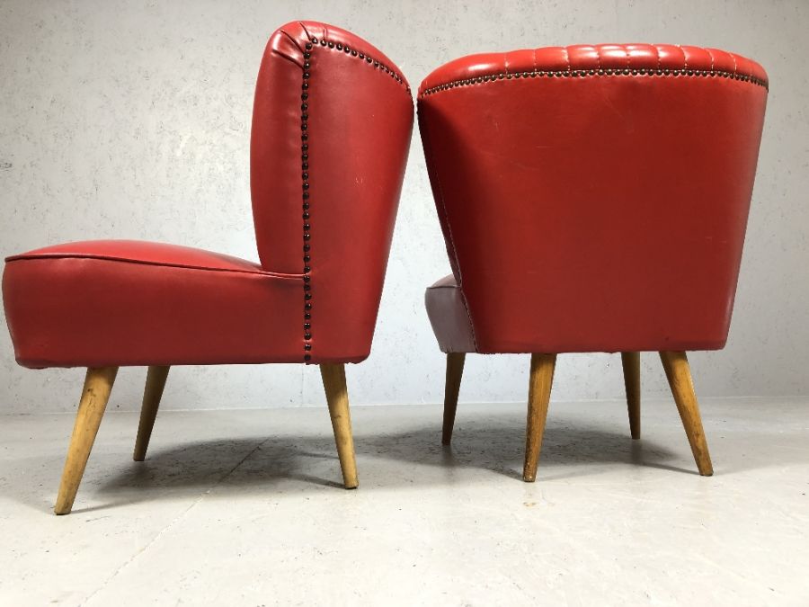 Pair of vintage / retro red upholstered low occasional chairs, with studded backs and tapering - Image 5 of 6