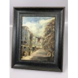 Oil on board of a street scene, unsigned, approx 14.5cm x 20cm, framed, with artists’ board label