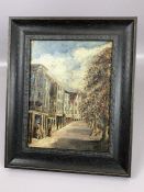 Oil on board of a street scene, unsigned, approx 14.5cm x 20cm, framed, with artists’ board label