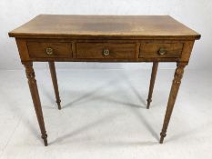 Console table with turned tapering legs, three drawers, with brass handles, approx 90cm x 49cm x