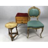 small collection of furniture to include sewing box with two drawers, a single stool and a French-