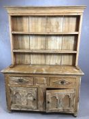 Antique pine dresser with two drawers, cupboards under and plate rack above
