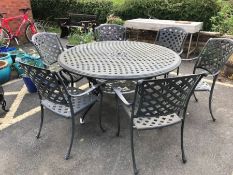 Circular aluminium garden dining set to include round table, diameter approx 145cm, with six chairs