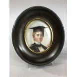 Hand Painted Miniature in Oval wooden frame Portrait of a Student in a Mortarboard signed in red
