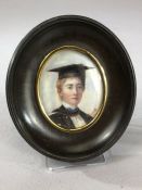 Hand Painted Miniature in Oval wooden frame Portrait of a Student in a Mortarboard signed in red