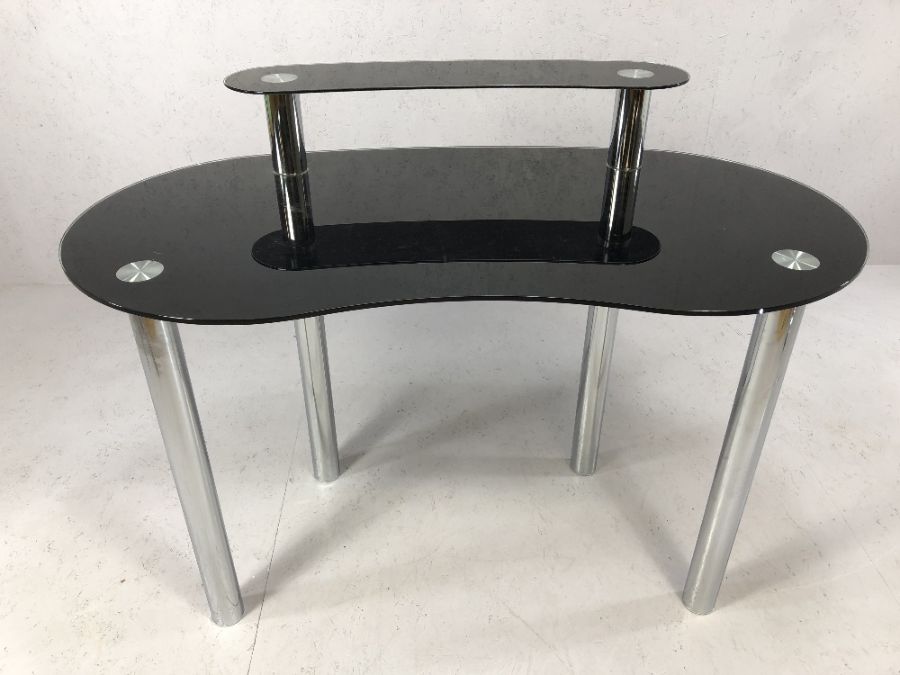 Modern black glass and chrome kidney shaped computer desk approx 120cm x 60cm x 90cm tall