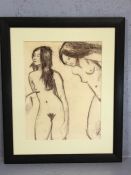 Charcoal study of two nudes, approx 39cm x 30cm, unsigned, framed