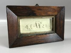 Moulded miniature plaster relief of Stonehenge set in wooden frame, relief approx 10cm x 4.5cm,