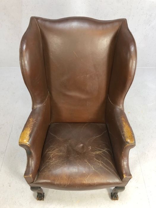 Leather wing back fireside chair on ball and claw feet - Image 2 of 5