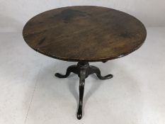 Circular antique table on three footed pedestal base, approx 85cm in diameter