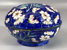 Chinese Cloisonné lidded pot, blue ground with floral and foliate design, single narrow footed base,