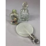 Collection of three glass scent bottles with stoppers, one of Japanese design, the tallest approx