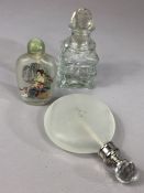 Collection of three glass scent bottles with stoppers, one of Japanese design, the tallest approx