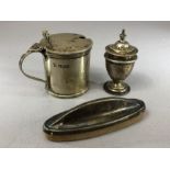 Silver hallmarked items to include peppar pot and nail buffer and a pot (no inner) total weight 99.