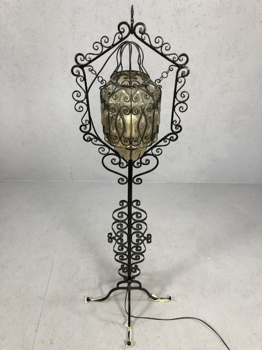 Wrought iron standard lamp with glass suspended shade approx 180cm in height - Image 4 of 5