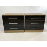 Pair of modern black lacquered chests of three drawers, each approx 80cm x 45cm x 75cm tall