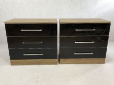 Pair of modern black lacquered chests of three drawers, each approx 80cm x 45cm x 75cm tall