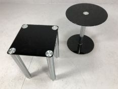 Two modern black glass and chrome side tables, one circular, one square, height approx 45cm