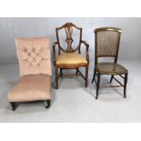 Collection of three chairs; one low button back bedroom chair, one shield-back and one cane seated