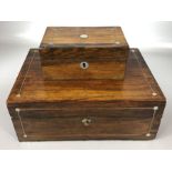Two matching wooden boxes with inlaid detailing, hinged lids and felt lining, the larger approx 30cm