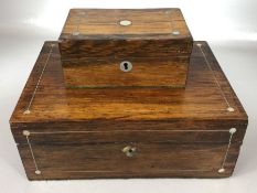 Two matching wooden boxes with inlaid detailing, hinged lids and felt lining, the larger approx 30cm