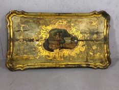 Large hand painted wooden Rococo style serving tray with central panel figural scene and gold gilt