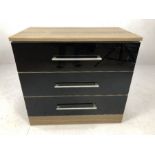 Single modern black lacquered chest of three drawers, approx 80cm x 45cm x 75cm tall