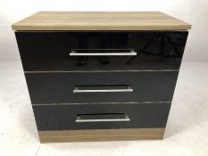 Single modern black lacquered chest of three drawers, approx 80cm x 45cm x 75cm tall