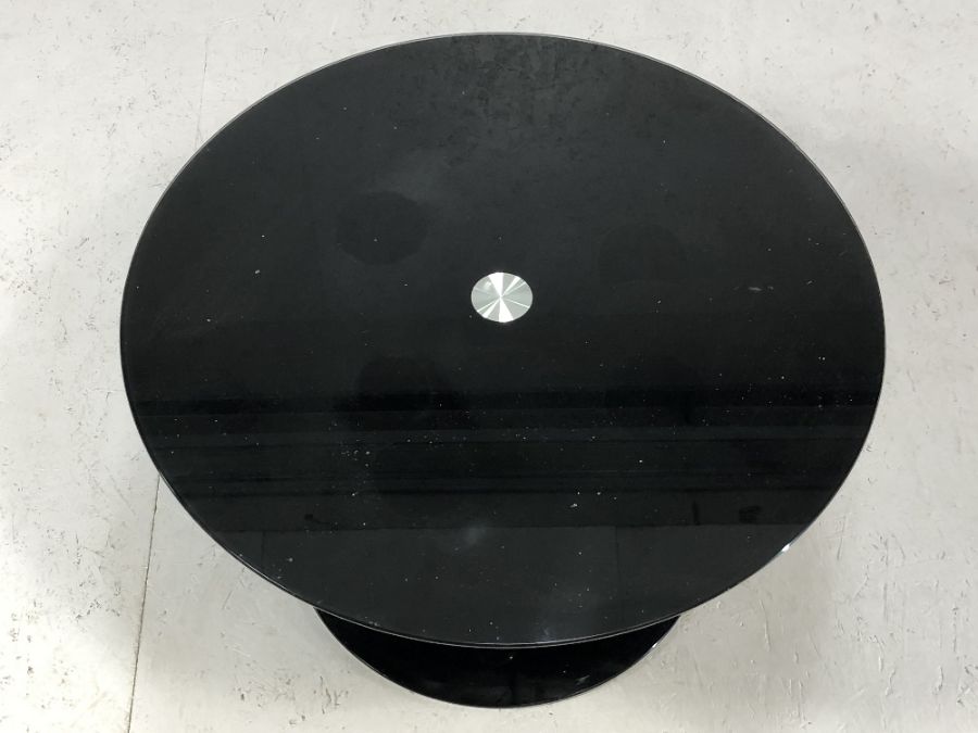 Modern black glass and chrome circular coffee table, approx 65cmin diameter x 39cm tall - Image 3 of 5