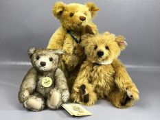 Collection of three Steiff jointed teddy bears, Steiff gold buttons to ears, two with original tags,