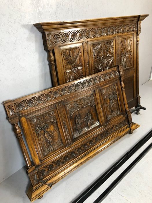 Ornately carved wooden Breton marriage bed, base frame approx 139cm wide x 195cm in length - Image 6 of 6