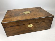 Highly polished wooden box with brass fittings, inlaid brass plaque and internal compartmentalised