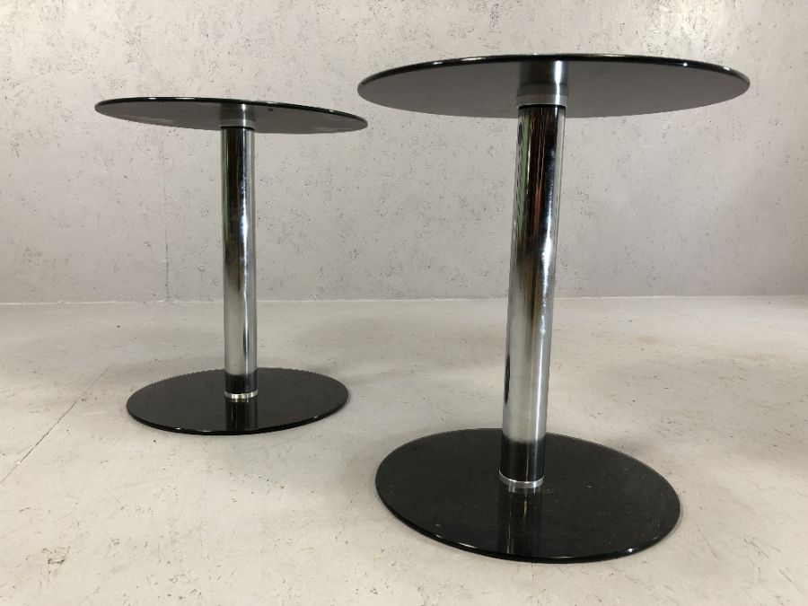 Pair of modern black glass and chrome nests of two tables, largest of each approx 45cm x 35cm x 50cm - Image 3 of 4