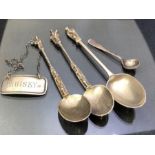 Collection of Silver spoons to include Apostle Spoons and a hallmarked silver WHISKY label approx