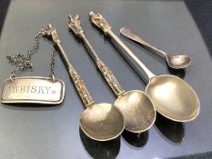 Collection of Silver spoons to include Apostle Spoons and a hallmarked silver WHISKY label approx