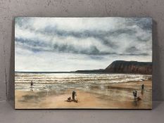 SUE LEWIN (British, 20th/21st Century), oil on canvas 'Building Sandcastles, Sidmouth', signed lower