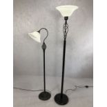 Modern black metal and glass standard lamp and uplighter, the tallest approx 178cm tall