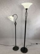 Modern black metal and glass standard lamp and uplighter, the tallest approx 178cm tall