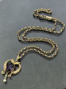 9ct Gold chain (8.5g) with unmarked gold coloured heart shaped pendant set with seed pearls (3.5g)