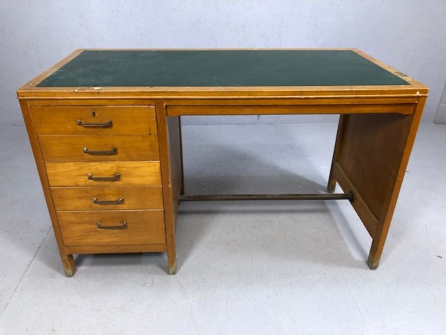 Mid Century style desk with green leather inlay and five drawers, approx 122cm x 60cm x 73cm tall