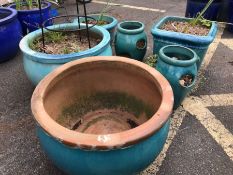 Collection of six turquoise glazed garden planters