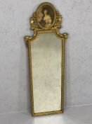 Ornate gilt framed rectangular mirror with picture frame above (A/F), approx 99cm x 29cm