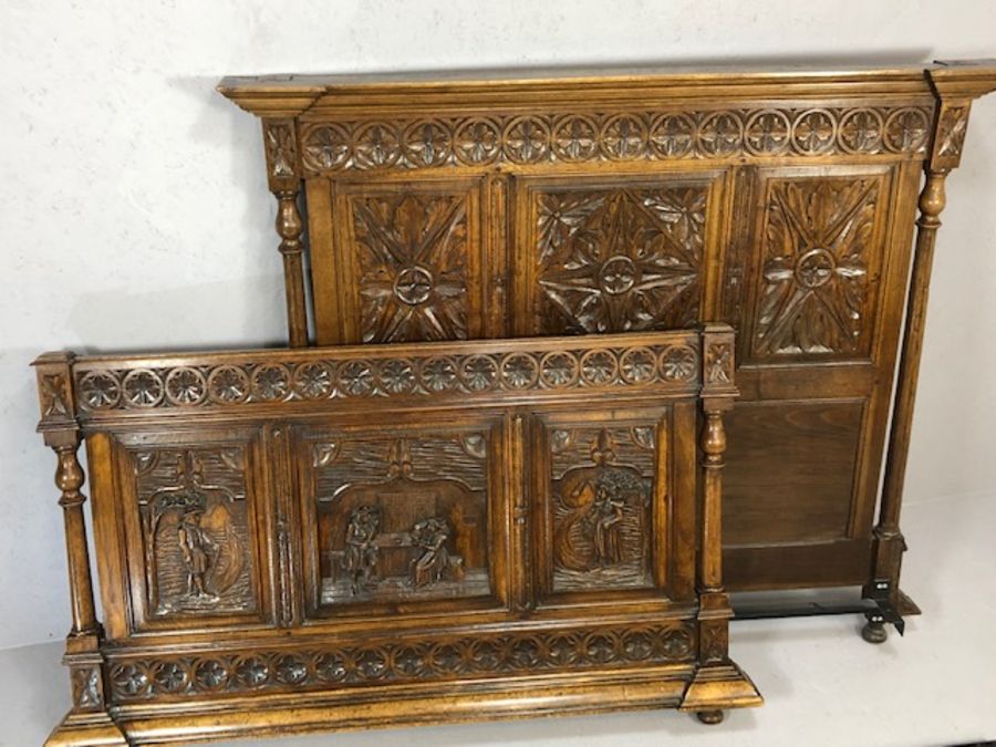 Ornately carved wooden Breton marriage bed, base frame approx 139cm wide x 195cm in length - Image 3 of 6