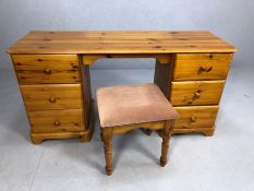 Pine dressing table or desk with three drawers either side, with stool