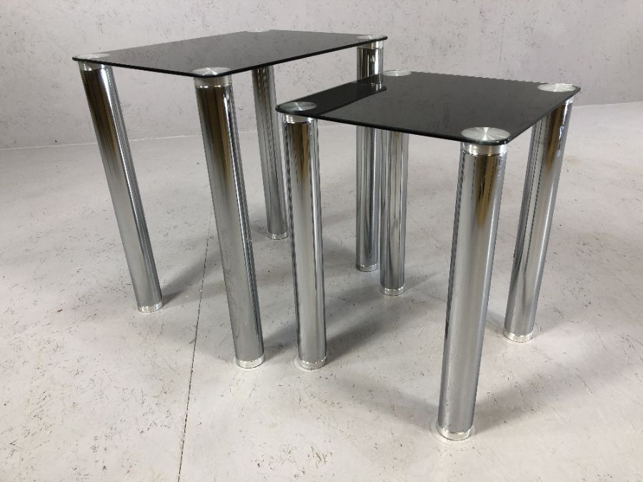 Modern black glass and chrome nest of two tables, largest approx 45cm x 35cm x 50cm tall - Image 3 of 4